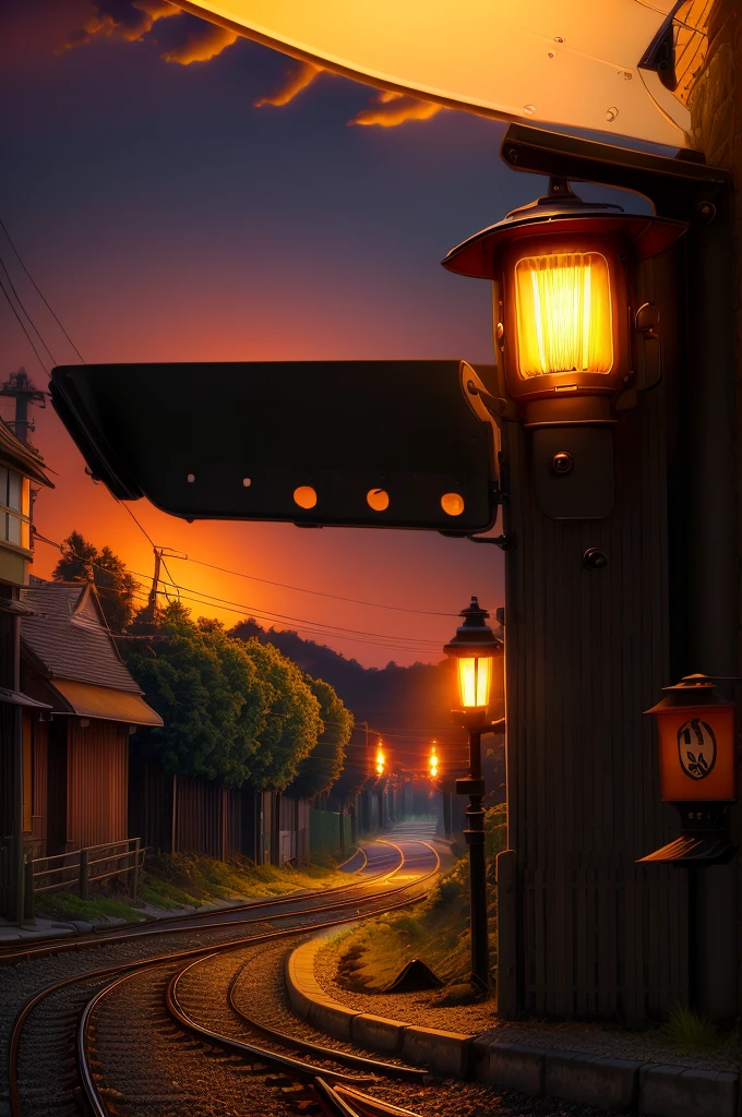 (Masterpiece, best quality: 1.4), sunset moment, dimmed ligthning, sunset, japanese crossing sign, railroad crossing, japanese streets, big trees, greens, ((sunset scene: 1.5)), (evening light: 1.lanterns, narrow road, ((street lamp: 1.5))
