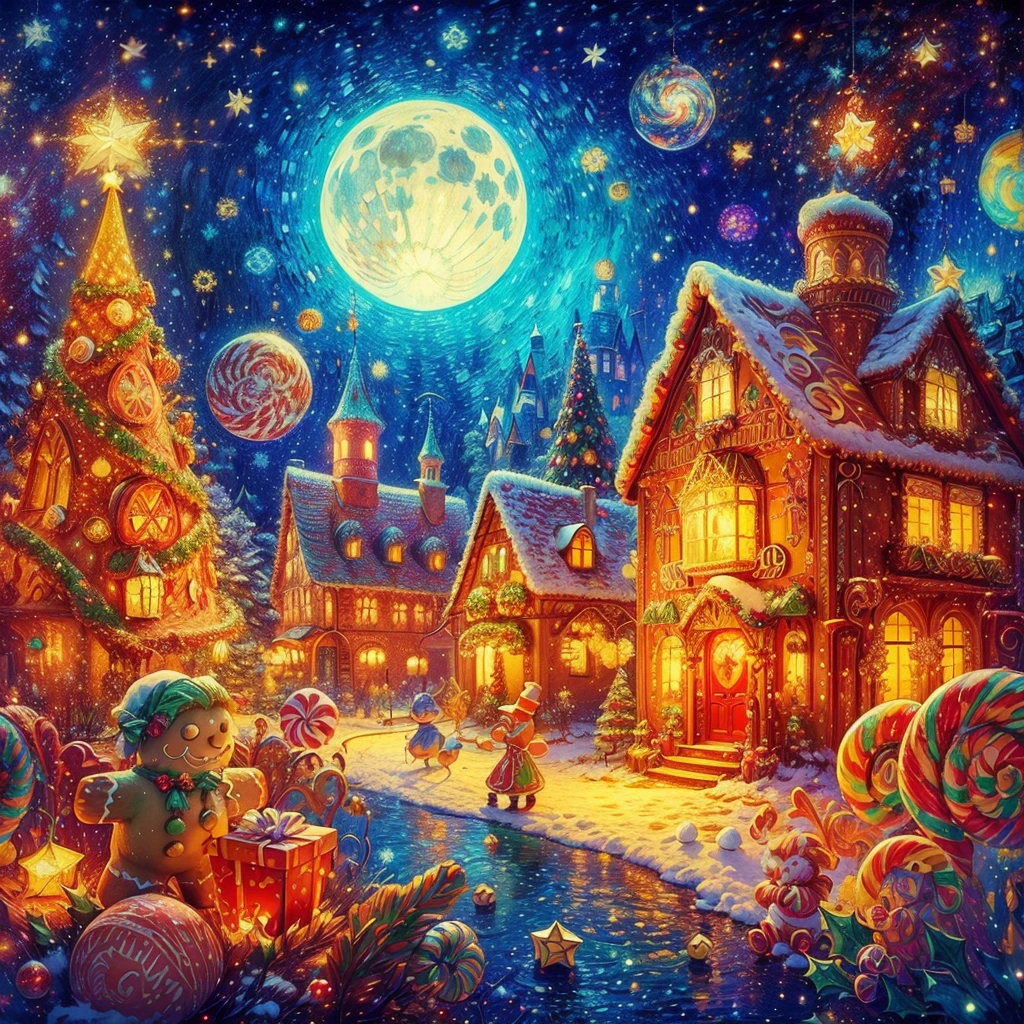 Best quality at best, 8K, A high resolution, tmasterpiece:1.2), ultra - detailed, (actual, realistically:1.37), vibrant with colors, magical ambiance, Whimsical, （Sparkling:1.2），（Christmas village in dream fairy tale:1.4），(Van Gogh style Christmas architecture: 1.5),（The moon  empty），((Delicious sweets，Christmas tree, gifts, Christmas stockings, cute gingerbread man，chocolate house splash)), Illustration style, and decorations, Fantasy Christmas Town, Lovely design style, natta，snowfield，moon full，Vibrant colors、 ((Whimsical and charming fantasy)), Surreal portrait, (Fantasy themed fairy tale village), (whimsical architectural decorations), (Colorful, Landscape full of candy), (enchanting, Magical scenery), (A vibrant, candy colored building), (Candy and Gingerbread Trail), (Candy Castle) in distance, (Rich, fantasticcolors), (Twinkling starour dimensional dream), (Psychedelic and mesmerizing atmosphere), (Playful composition), (Vivid lighting effects), 1.4x realism，hyper HD，Shown in this beautiful scene, Surreal, Psychedelic, Complicated details, Beautiful texture, Ethereal, like a dream, Soft glowing light, Charming Patterns, fantastical creature, Hidden surprises, dreamlike landscapes, Surreal color palette, Mystic aura, hyper realisitc, Enchanting journey, psychedelic trip, vivid imagination, immersive experience, mysterious creature, otherworldly charm, glowing paths, Light up a dreamy and beautiful Christmas, surreal sky, Whimsical Christmas elements, a magical encounter,Fascinating artwork