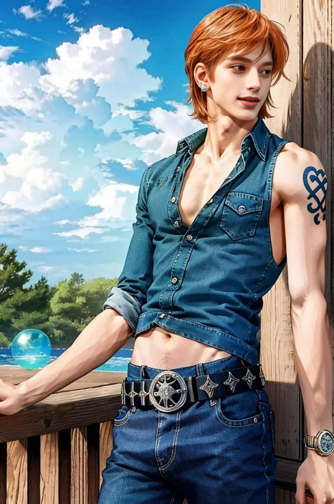 detailed background, masterpiece, best quality, 1man, solo,male nami \(one piece\), 1man, bangle, bangs, bare shoulders, belt, blue sky, bracelet, breasts, brown eyes, bubble, cleavage, cloud, cowboy shot, day, denim, earrings, floating hair, green belt, green shirt, groin, jeans, jewelry, log pose, short hair, looking at viewer, navel, orange hair, pants, shoulder tattoo, sidelocks, sky, smile, solo, standing, stomach, swimsuit, tattoo , looking at viewer