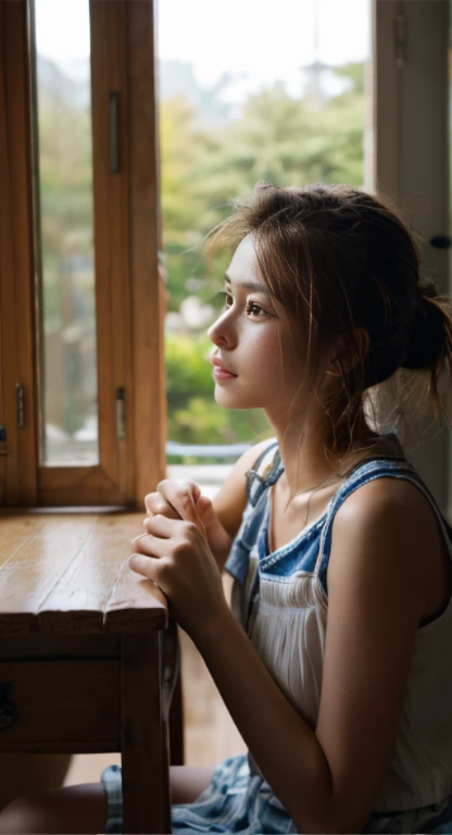 High resolution、超High resolution、woman、She is looking down、Angle of view from the side、Cute 25 year old Japan、leaning forward、Correct breasts、valley、bra is slightly visible、blue shirt