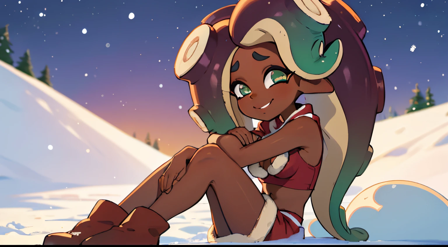 (masterpiece, best quality:1.2), solo, 1girl, marina, dark skin, dark-skinned female, smile, looking at viewer, tentacle hair, dressed as Santa Claus, mini skirt, cleavage, side view, sitting in snow, sitting up, hands tucked between legs