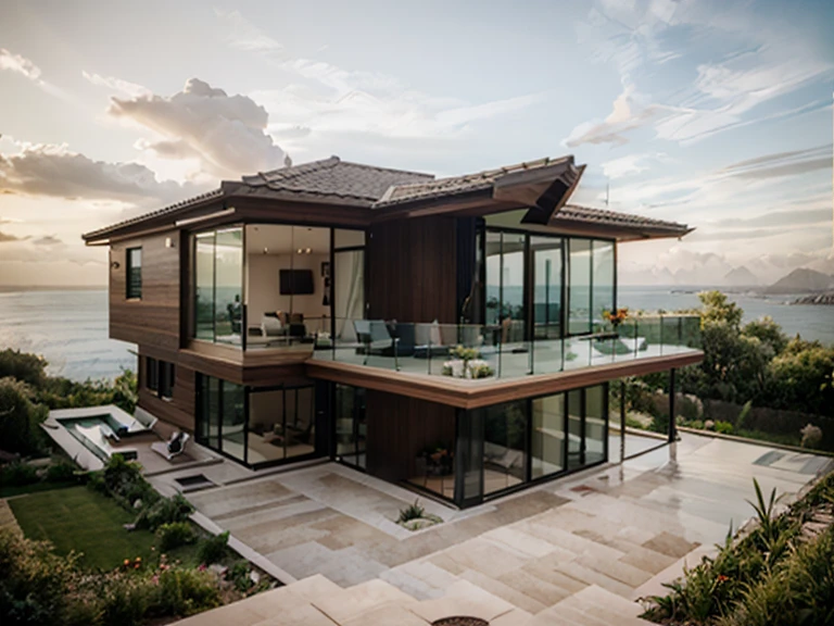 casa moderna, casa em uma encosta com um 20% declive, Detalhamento sutil, vista exterior distante, Isometric view of complete house, observador de baixo, glass railing in the house