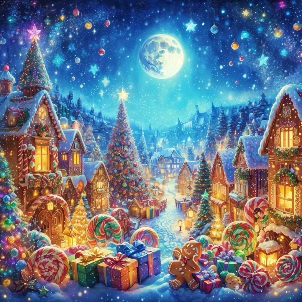 Best quality at best, 8K, A high resolution, tmasterpiece:1.2), ultra - detailed, (actual, realistically:1.37), vibrant with colors, magical ambiance, Whimsical, (Sparkling:1.2),(Christmas village in dream fairy tale:1.4),(Van Gogh style Christmas architecture: 1.5),(The moon empty),((Delicious sweets,Christmas tree, gifts, Christmas stockings, cute gingerbread man,chocolate house splash)), Illustration style, and decorations, Fantasy Christmas Town, Lovely design style, natta,snowfield,moon full,Vibrant colors、 ((Whimsical and charming fantasy)), Surreal portrait, (Fantasy themed fairy tale village), (whimsical architectural decorations), (Colorful, Landscape full of candy), (enchanting, Magical scenery), (A vibrant, candy colored building), (Candy and Gingerbread Trail), (Candy Castle) in distance, (Rich, fantasticcolors), (Twinkling starour dimensional dream), (Psychedelic and mesmerizing atmosphere), (Playful composition), (Vivid lighting effects), 1.4x realism,hyper HD,Shown in this beautiful scene, Surreal, Psychedelic, Complicated details, Beautiful texture, Ethereal, like a dream, Soft glowing light, Charming Patterns, fantastical creature, Hidden surprises, dreamlike landscapes, Surreal color palette, Mystic aura, hyper realisitc, Enchanting journey, psychedelic trip, vivid imagination, immersive experience, mysterious creature, otherworldly charm, glowing paths, Light up a dreamy and beautiful Christmas, surreal sky, Whimsical Christmas elements, a magical encounter,Fascinating artwork