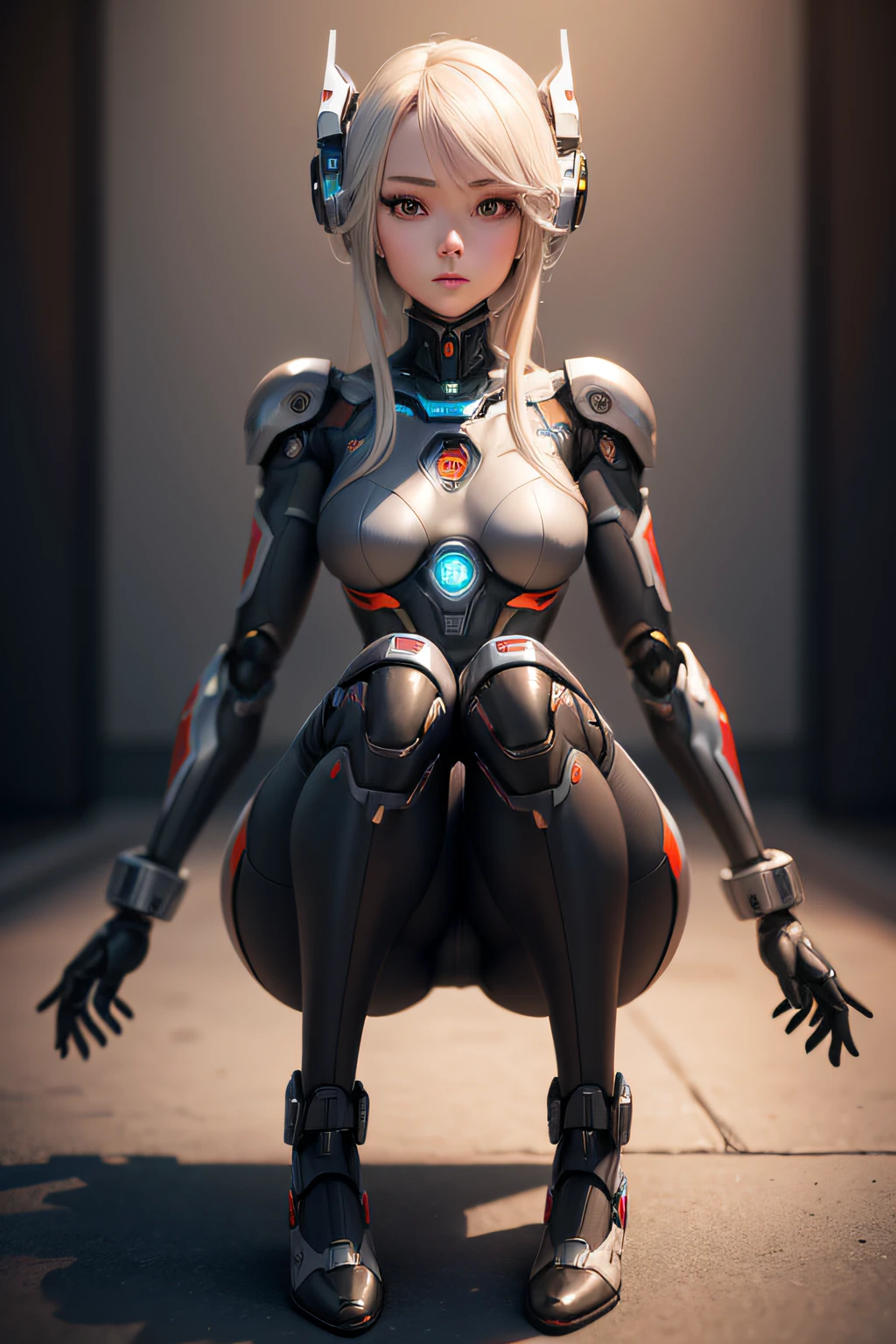 16k, UHD, masterpiece, ((high quality, high details):1.4), ((full body):2)), {(Only one woman)}:((Wearing Samus Aran's cybernetic suit in all black with neon parts,)) ((extremely tight on her body)):1.2), (((huge perky breasts))), (ATHLETIC thighs, thigh gap), (skinny waist), curvy hips, looking at the viewer, making erotic poses, giving a small and simple smile, intricate details of facial features, (adorable face, flawless nose, captivating shadows, alluring shy expression.):1.2)