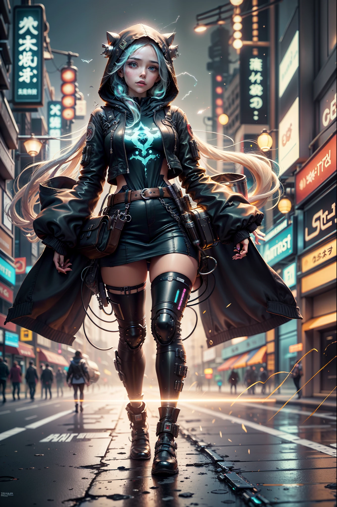 cyberpunk hooded girl standing epic middle of busy bustling Tokyo street, hd wallpaper, captivating neon light hues, symmetry, heistcore, stile Agnes Cecile, Broken Glass effect, no background, stunning, something that even doesn't exist, mythical being, energy, molecular, textures, iridescent and luminescent scales, breathtaking beauty, pure perfection, divine presence, unforgettable, impressive, breathtaking beauty, Volumetric light, auras, rays, vivid colors reflects, v_model:v4 --auto --s2