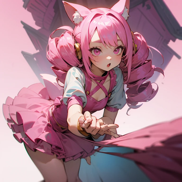 pink hair　drill-tailed hair　beast ears　pink eyes　animal costume　frontage　vintage background　run down house surprise 　kawaii girl　innocence
