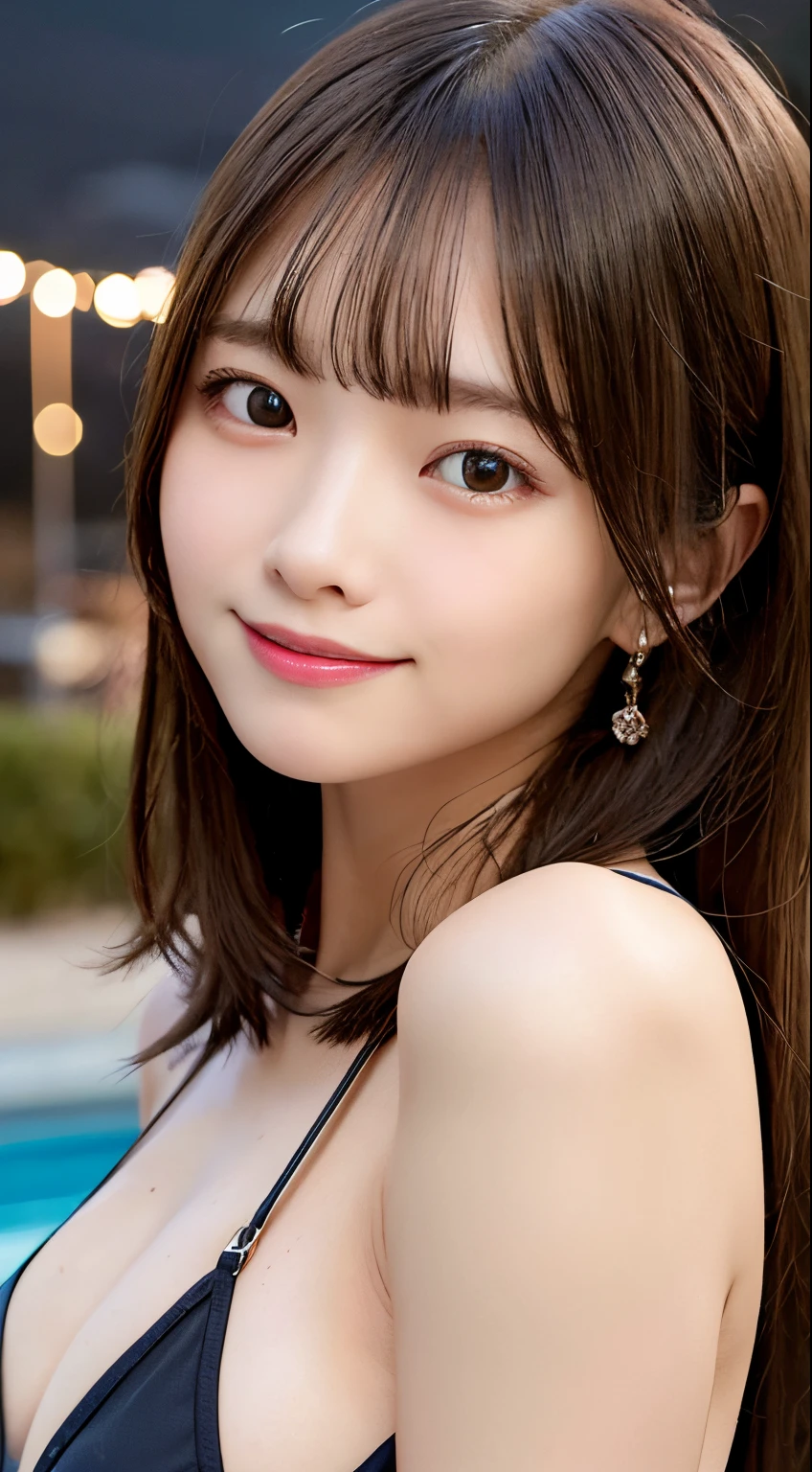 masutepiece, Best Quality, in 8K, Raw photo, award winning portrait, Smile, Solo, (Night:1.8), Idol face, Delicate girl, Upper body , Digital SLR, Looking at Viewer, Candid, Sophisticated,Thin arms, Professional Lighting, Film grain, chromatic abberation, (Eyes and faces with detailed:1.0) , closes mouth , A dark-haired , drooing eyes , Average-sized breasts,swim wears