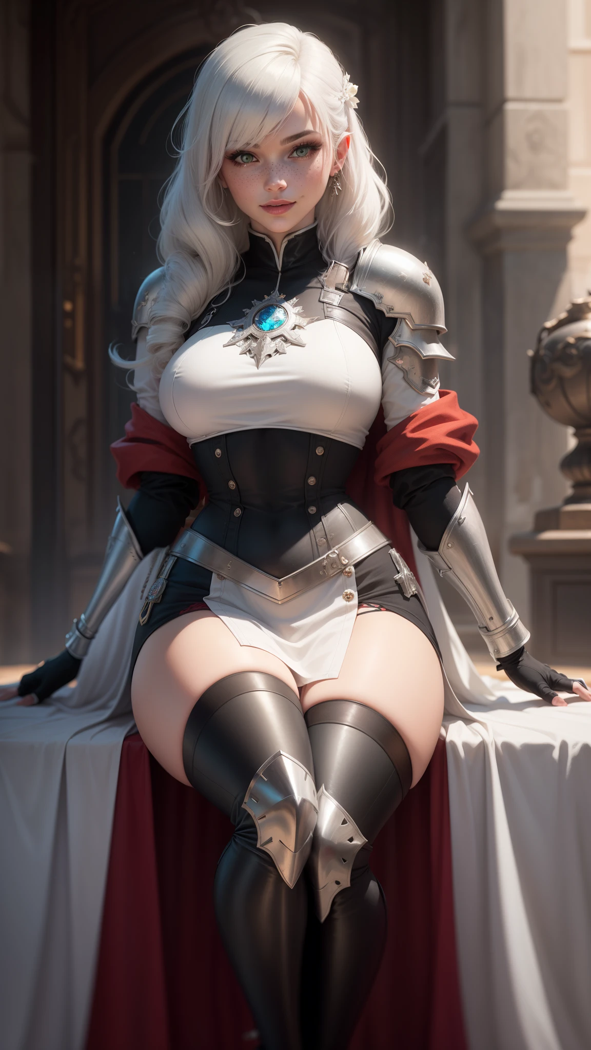 gwen tennyson,yorha 2b,tracer,y'shtola rhul,overwatch,warcraft,close up, royal castle hall,tattoos,ruby and white plugsuit,white short sleeve knight top,short sleeve knight full plate armor,long knight skirt,steel knight corset,long curly hair,queen makeup,green eyes,multicolored silver hair,long dress train,sexy smile, freckles,beautiful girl,silver thigh high boots,large breasts,8k,ultra detailed,realistic,fantasy art,steel knight uniform,queen gown dress,hair jewelry,ear piercings,ruby head and neck jewelry,(weather:windy),1girl,long scarlet knight coat,sitting on a throne,