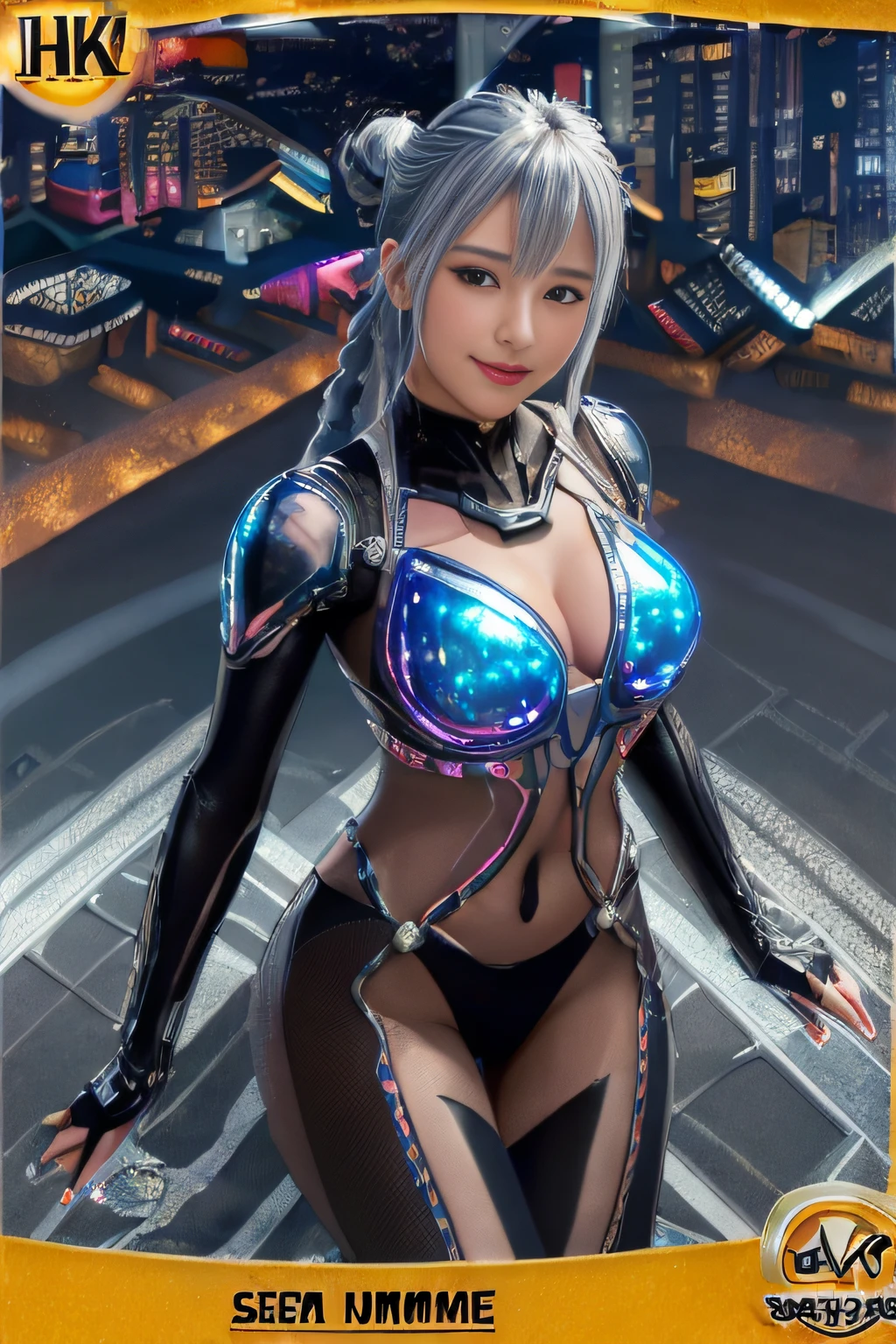 (Trading Card Game Frames:1.7),Cyber City at Night,(Gorgeous night view illumination:1.3),(Stand on the roof of a building:1.3)the actress is a very beautiful woman..(Sexy super shiny orange transparent holographic mechanical cyberpunk suit:1.3) ,(Mechanical suit that lights up with brightly colored LEDs:1.3),Surrounded by a network of wires. Surrounded by a web of circuits.Sexy face, a necklace,piercings, Happy smile.Sexy Pose, (Silver hair、Ponytail twisted buns adorned with elaborate braids and beads,Braided Setup Fishbone Hair,),(Bangs are see-through bangs),(hair pin、poneyTail、Floating hair、),breast slip,(Emphasis on large breasts:1.Professional Lighting,Cinematic Light,(masutepiece,top-quality,Ultra-high resolution output image,) ,(The 8k quality,),(Sea Art 2 Mode:1.3),,(Image Mode Ultra HD,)
