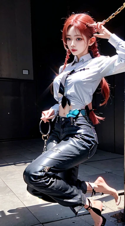 Lift your legs and hang in the air to show the soles of your feet、Lie down with your hips turned away、sole of feet、M-shaped legs、Woman opening her legs、Clothes melting、master piece、1 persons、独奏、Braids、Torn clothes、Cuffed、chains、One navel、tear rack arm:1.2)、Shibari、chains、Heart shaped pupils、Scream、Hand flail、Flail、Ruined restroom、red hairs、White shirt、Black tie、Black pants