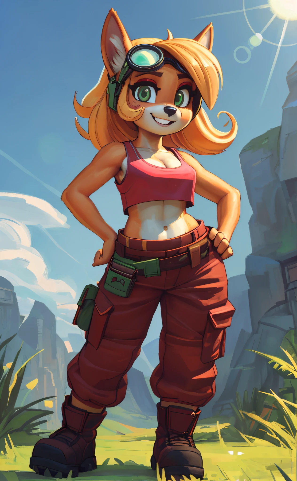 [Coco bandicoot], [Uploaded to e621.net; (Pixelsketcher), (wamudraws)], ((masterpiece)), ((HD)), ((solo portrait)), ((full body)), ((front view)), ((feet visible)), ((furry; anthro)), ((detailed fur)), ((detailed shading)), ((beautiful render art)), ((intricate details)), {anthro; orange fur, black nose, (cute green eyes), (red eyeshadow), blonde curly hair, curly ponytail, (small boobs), (curvy hips), (excited smile)}, {(pink tank top), (cleavage), (midriff), (red cargo pants), (utility belt), (brown combat boots), (goggles on head)}, {(standing), (hand on hip), (looking at viewer)}, [background; (tropical forest), (mountaintop), (grass plains), (blue sky), (sun rays), (ambient lighting)]