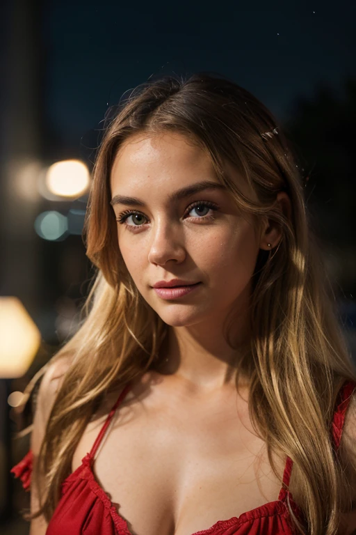 RAW uhd portrait of 24-year-old blonde close-up, Natural blonde hair, castles, Wavy, (brown-eyed woman) in the apartment, Prehistory of New York City, night starry sky, ,natutal breast, The background of the night night of the city, (Red Summer Dress), (cutout), Detailed (textures!, Hair!, brightness, Color!, imperfections:1.1), High detail of light eyes, (looking at the camera), specular lighting, dslr, ultra quality, sharp-focus, Sharp, Depth of field, Film grain, (centered), Fujifilm XT3, Crystal clear, The center of the frame, cute face, sharp-focus, lamp post, neon lights, bokeh, (dimly lit), Low key, in night, (night sky)