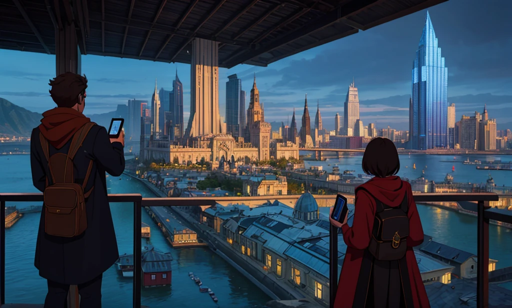 Modern city in a fantasy world, fantasy characters using modern technology like smartphones.