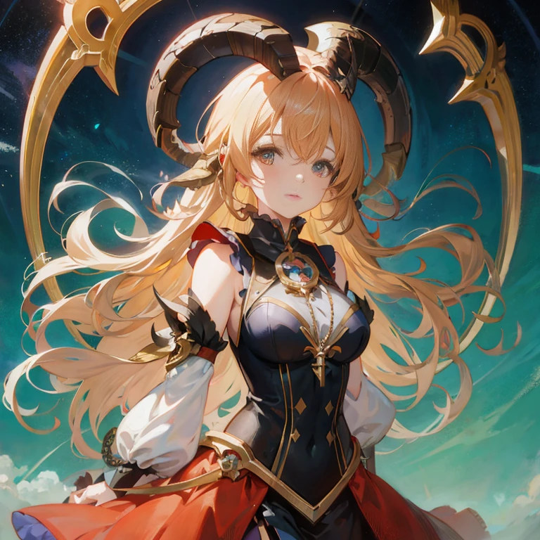Anime girl with horns and cape standing in front of blue sky, shadowverse style, anime goddess, cushart krenz key art feminine, portrait knights of zodiac girl, demon anime girl, Detailed key anime art, shadowverse, Ayaka Genshin Impact, Trending on ArtStation pixiv, anime fantasy artwork, anime fantasy illustration, Genshin