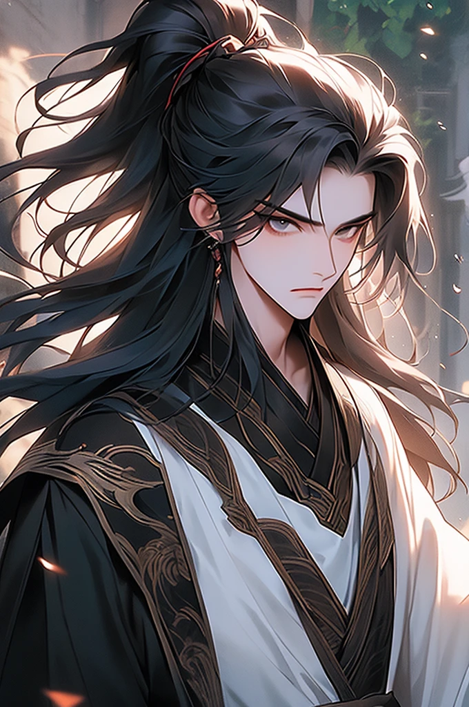 Summer palace，18 year old young male，cabelos preto e longos，high ponytail focus，（the only person，：1.2），Chinese courtyard，Black ancient Hanfu robe，An elegant and luxurious beautiful man，prinz，that tree，Tomorrow，lake，railing，Best Adoni quality，concept-art，Hand-drawn 2D style，Dramatic expression，（cow boy shooting）， white backgrounid，（Shooting from front），Fighting posture，arma，The sword，