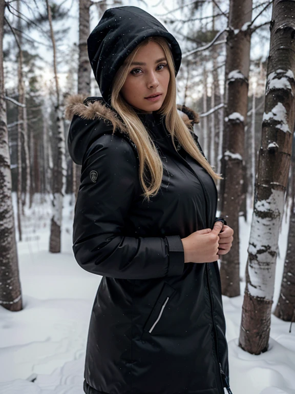 Blonde woman wearing a dark parka in a blizzard in a birch woods. Masterpiece. Realistic.