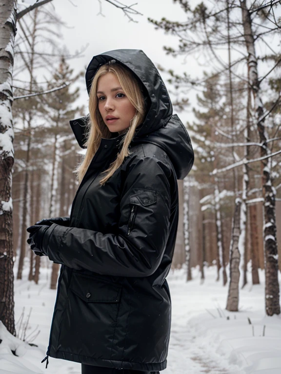 Blonde woman wearing a dark parka in a blizzard in a birch woods. Masterpiece.  Realistic.