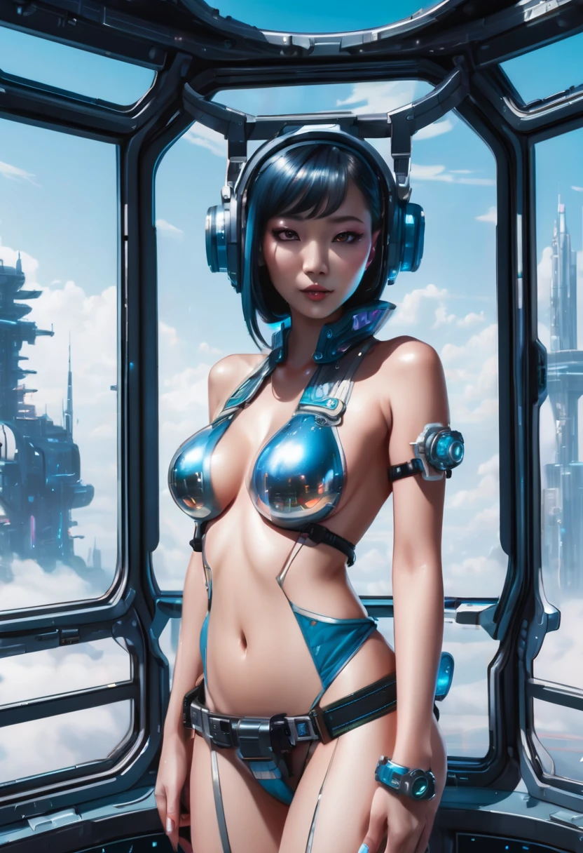 space station open deck with bubble window sky a cyberpunk asian elf girl wearing topless bikini armor revealing a busty cleavage