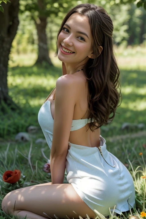((best quality)),((masterpiece)),((realistic)),(detailed), Dryad, black hair, blue eyes, skinny, small breasts, plain white dress covers body, smiling, happy, sweaty, dancing in poppy field, flirty, (looking at camera), sundress, field wild flowerutterflies:1), windy, wind blows up dress revealing she is not wearing panties, no underwear under dress, Suisse mountainasterpiece)) smeared eyeliners, dryad, naiad