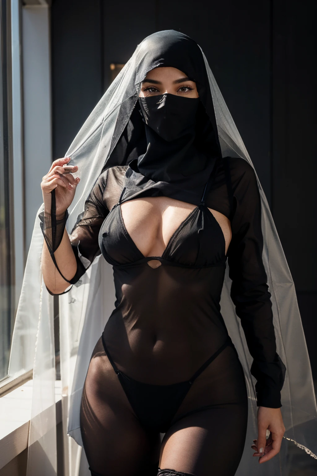 1 linda mulher, usando apenas um niqab transparente, corpo inteiro