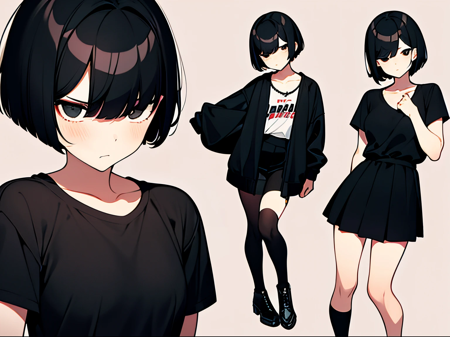 short bob, black hair, black eyes, slant eyes, round face, full body, high teen, bad mood