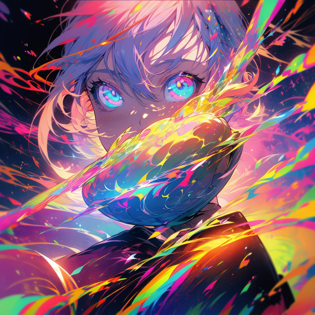 a girl holding a pumpkin in front of her face, gradient glowing eyes, rainbow hair, pink pumpkin, iridicent colors turqoise and rainbow glowing colors anime art wallpaper 8 k, anime art wallpaper 4 k, anime art wallpaper 4k, anime style 4 k, 4k anime wallpaper, anime wallpaper 4 k, anime wallpaper 4k, 4 k manga wallpaper, cute anime girl, beautiful anime girl, anime girl with elf ears