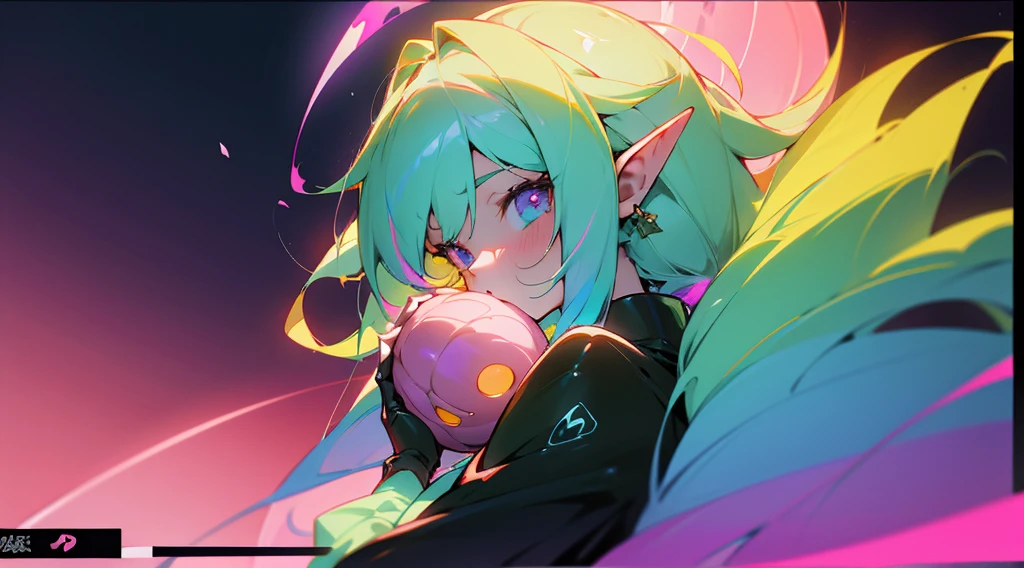 a girl holding a pumpkin in front of her face, gradient glowing eyes, rainbow hair, pink pumpkin, iridicent colors turqoise and rainbow glowing colors anime art wallpaper 8 k, anime art wallpaper 4 k, anime art wallpaper 4k, anime style 4 k, 4k anime wallpaper, anime wallpaper 4 k, anime wallpaper 4k, 4 k manga wallpaper, cute anime girl, beautiful anime girl, anime girl with elf ears
