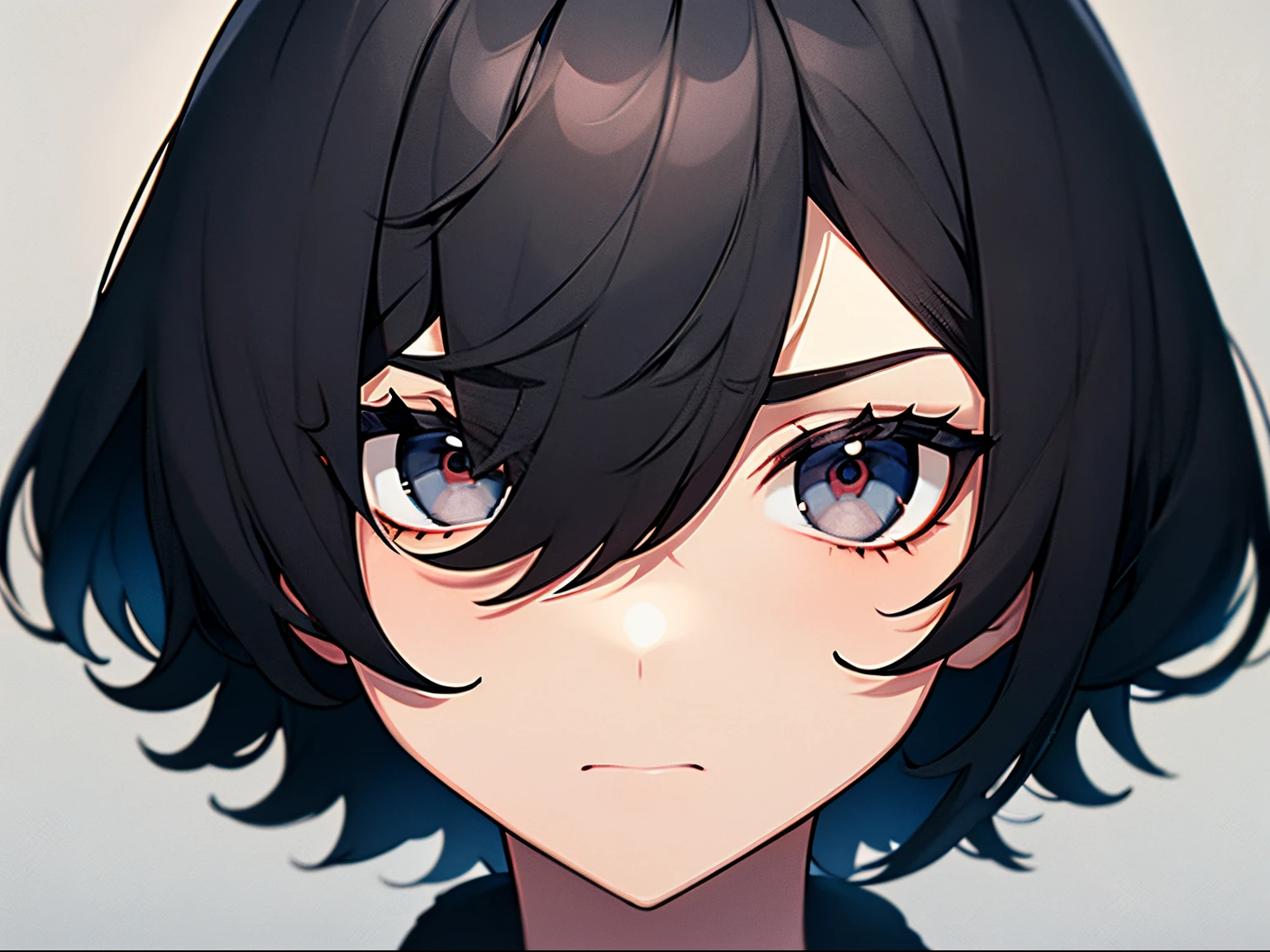 short bob, black hair, black eyes, slant eyes, round face, high , bad mood