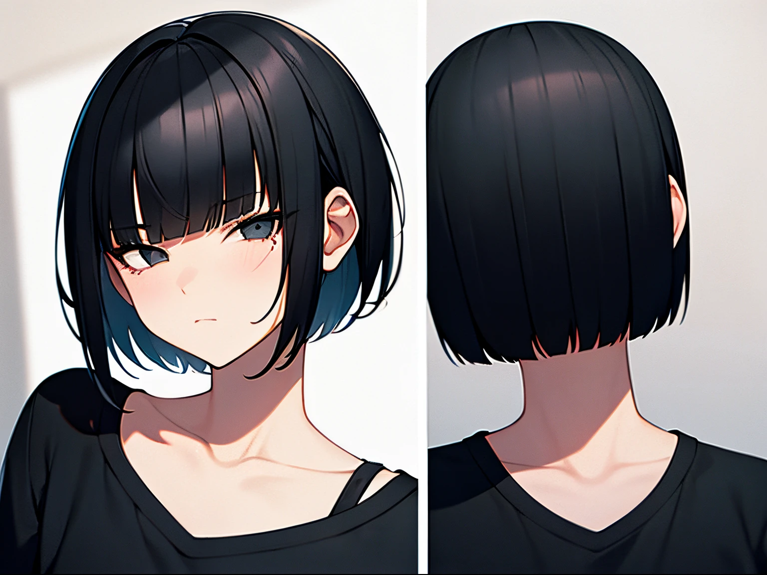 short bob, black hair, black eyes, slant eyes, round face, high , bad mood