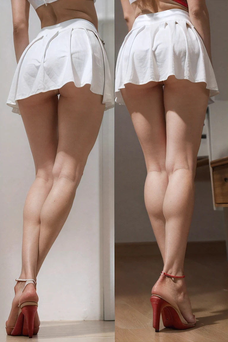 Close bottom view (The camera looks from the bottom up),Women's legs(Slender,Skinny,with visible tendons and muscles,in heels,short white ruffled skirt visible(into the fold) and red thong,small elastic female butt,