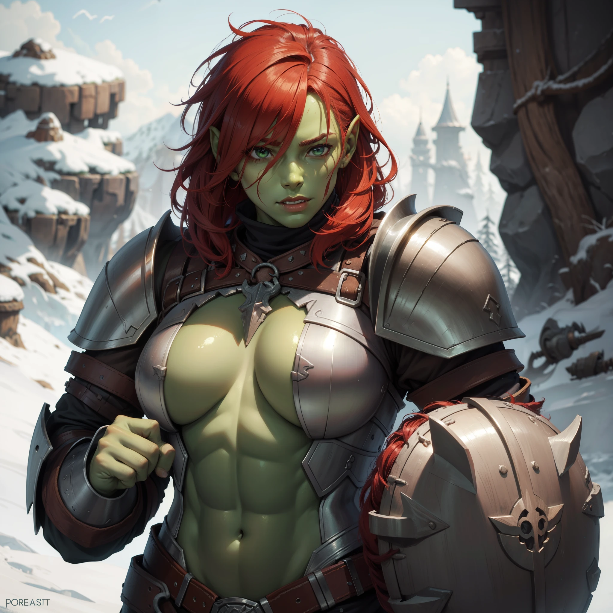 female orc, skin colored, skin color green, portait, red hairs, heavy armor, brest armor, eye quality masterpiece, sword in right hand