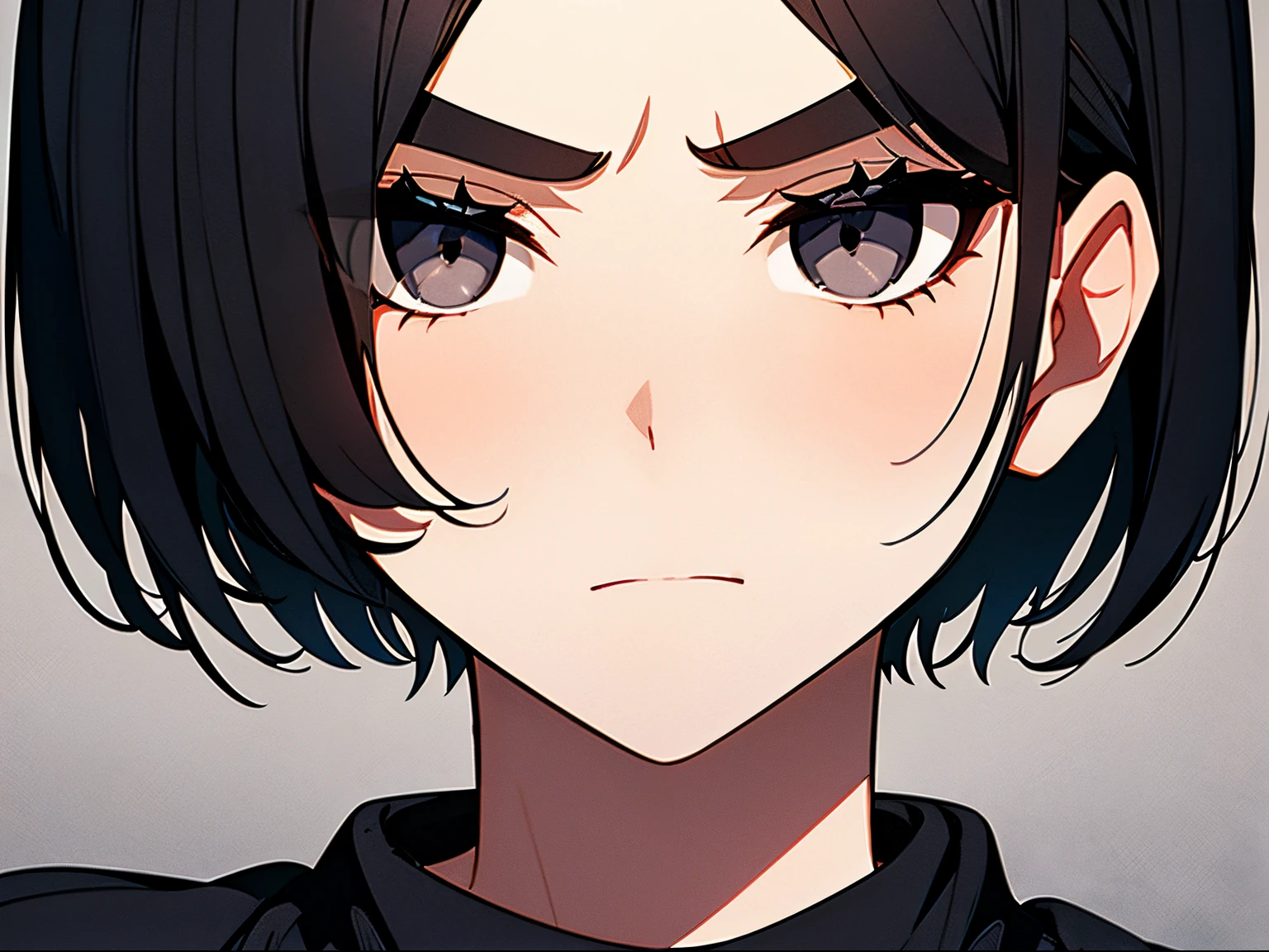 short bob, black hair, black eyes, slant eyes, round face, high teen, bad mood