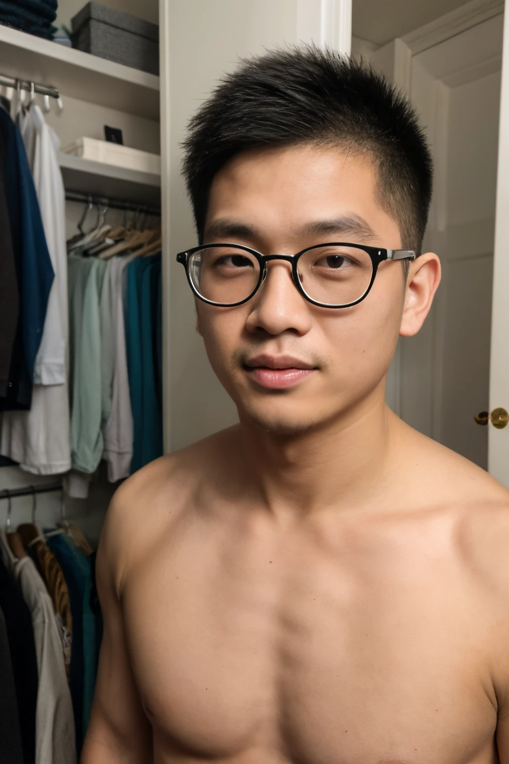 Andrew thomas huang, oval face, eyeglasses, neat muscular, messy hair, shirtless, next to the closet