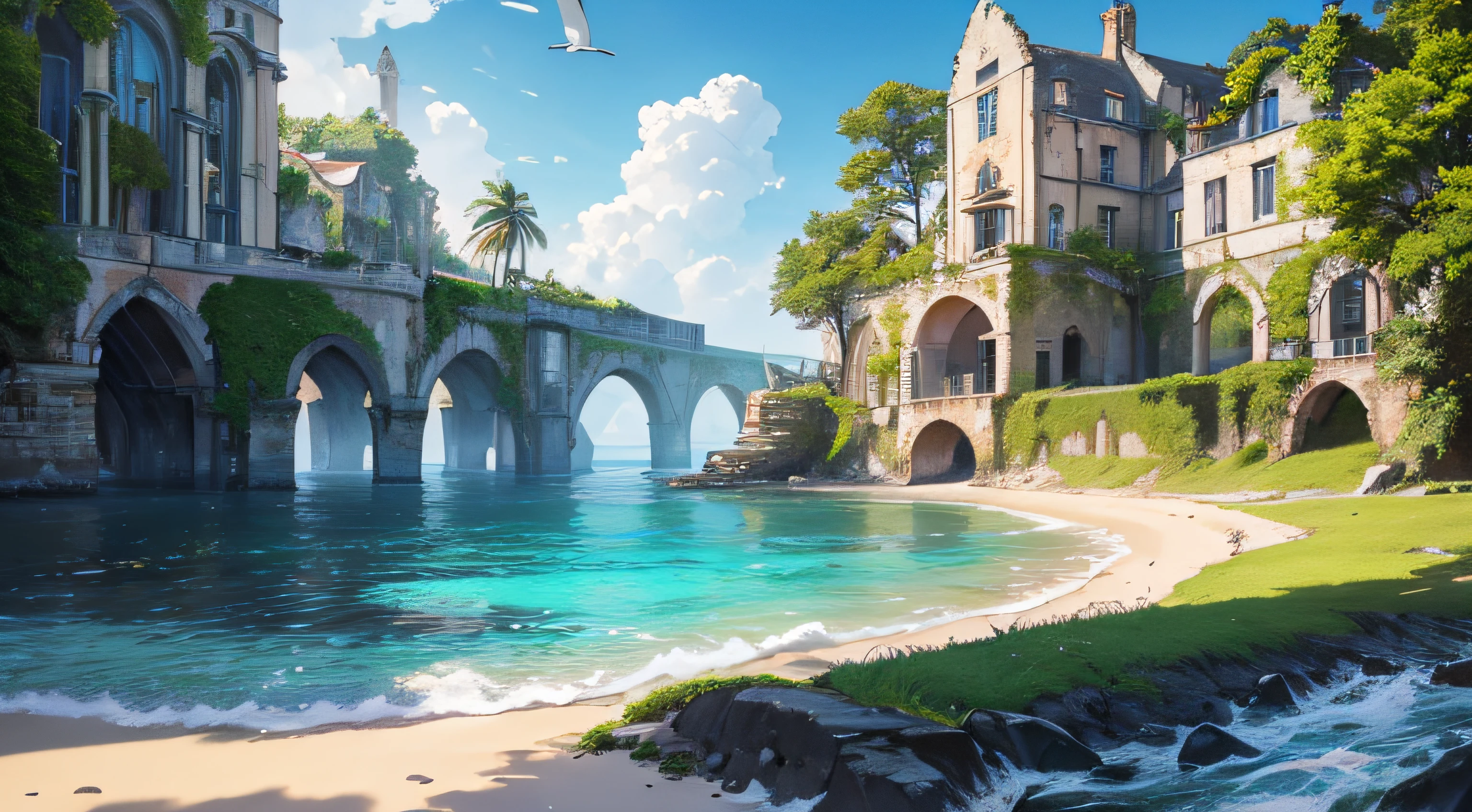 a historic ruin by the sea,crumbling walls,pedras intemperizadas,undergrowth,desolado e sereno,Brisa suave do oceano,raios de sol espreitando pelas rachaduras,extravagant architectural details,perdidos no tempo,Charme Vintage,majestic sea scenery,seagulls soaring in the sky,Ecos do Passado,Sussurrando segredos,vista deslumbrante do horizonte,respingos de cores vibrantes,artist's interpretation,Atmosfera misteriosa,Feeling of tranquility,historical importance,pictorial representation,layers of history and stories,Secluded paradise,harmonia entre natureza e arquitetura,ondas tranquilas beijando suavemente a costa,envolvido pela beleza da natureza,Disease in Chaos,peaceful decay,serene decay,discovery of beauty in ruins,(best quality,4k,8k,Altas,master part:1.2),ultra-detalhado,(Realistic,fotorrealista,photo-realistic:1.37),HDR,UHD,studio lighting,pintura ultrafina,foco nítido,Physically-based rendering,extreme detail description,profissional,vivid colors,Bokeh,Pintura,litoral,History,colorido,Landscape,serenidade.