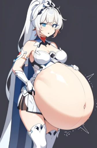 hof, 1girl, kiana kaslana, solo, small breasts, medium breasts, blue eyes, gauntlets, white hair, cleavage, jewelry, ponytail, earrings, bare shoulders, closed mouth, bangs, simple background, hair ornament, looking at viewer, hair between eyes, torn cape, armor, antenna hair, thigh boots, white thighhighs, black gloves, boots, white footwear, big belly, huge belly, vore, big belly, (big belly:1.7), (large belly:1.7), large belly, huge large belly, hermoso, obra maestra, mejor calidad, cara extremadamente detallada, perfect ilumination, hyper pregnant, (hyper pregnat:1.6), 1girl, solamente, (manos perfectas, Perfect anatomy), Masterpiece 8k, (belly con forma humana:1.3) , one eyes close , sonrojo, muslos anchos, caderas anchas, boca abajo, acostada, acostada sobre barriga, hermoso, obra maestra, mejor calidad, cara extremadamente detallada, perfect ilumination, 1girl, solamente, (manos perfectas, Perfect anatomy), Masterpiece, 8k, , cara detallada, (cara detallada;1.4), sonrojo, sonrisa, manos perfectas