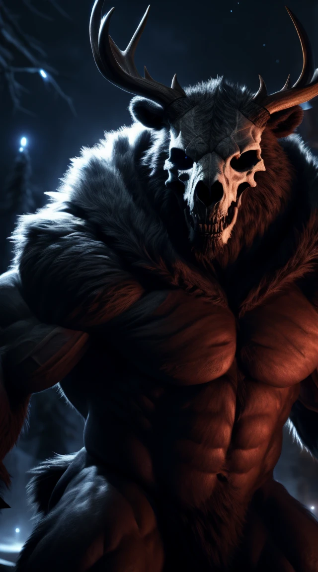 buff monster, muscular, abs, scales on body, majestic fur mantle, wendigo skull, elk horns, muscular, giant, bear body, threatening, stands menacingly, wide body, muscular body, illustration, (best quality, 4k, highres, masterpiece:1.2), ultra-detailed, realistic, horror, sharp focus, vivid colors, nighttime lighting,