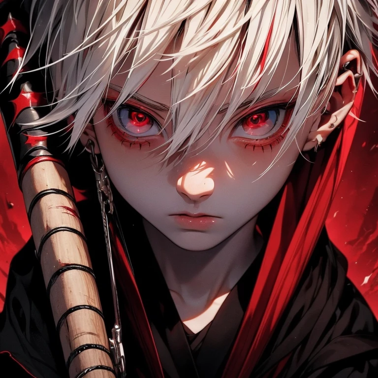 White haired anime boy ,with stunning red eyes, wearing dark black robes, tanned skin, scar on nose, scared nose, 4k, poster, dramatic, hyper realistic, masterpiece, eye level angle, strong gaze.