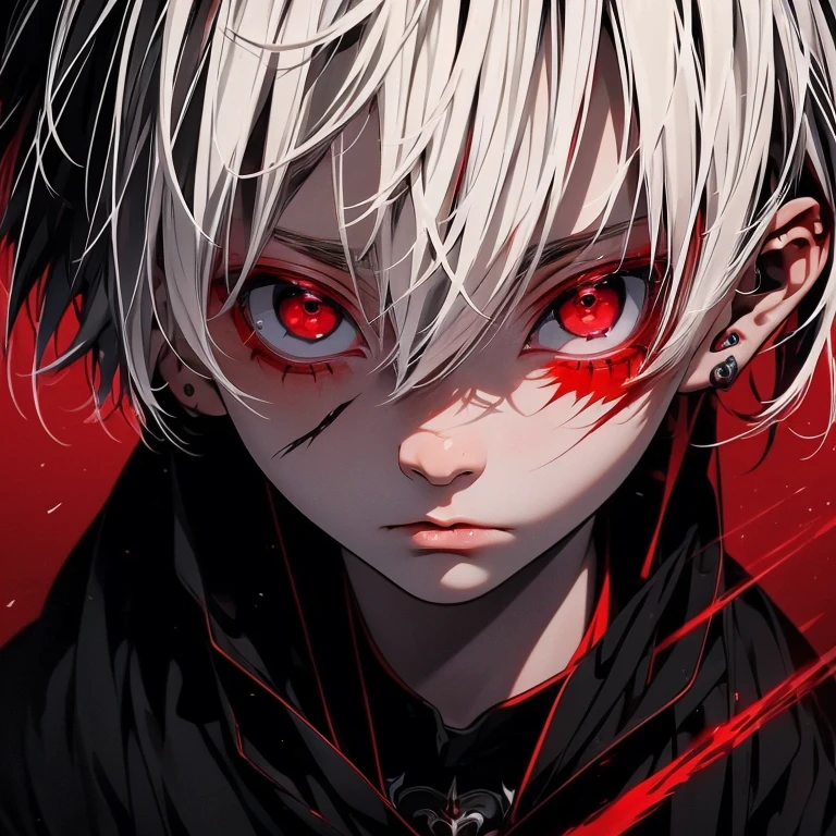 White haired anime boy  ,with stunning red eyes, wearing dark black robes, tanned skin, scar on nose, scared nose, 4k, poster, dramatic, hyper realistic, masterpiece, eye level angle, strong gaze.