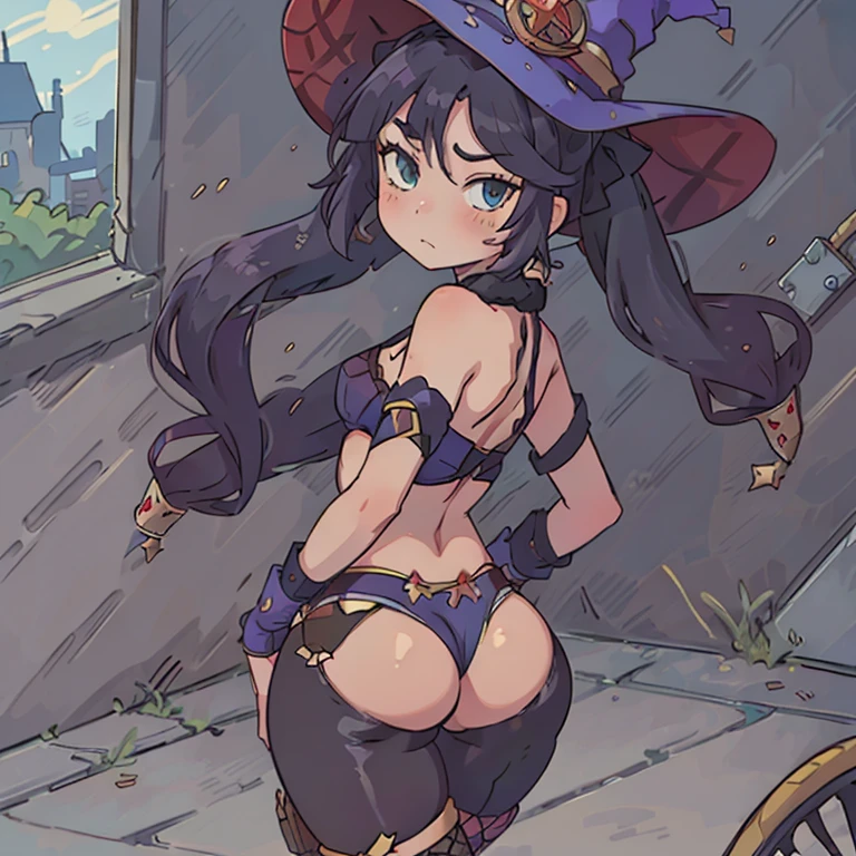 fishnet stockings, (bike shorts), thigh gap, hips, boob Window, small breasts, butt, (buttcrack), (lingerie), ,mona_genshin, witch hat, (bare midriff), bare shoulders, view from behind,