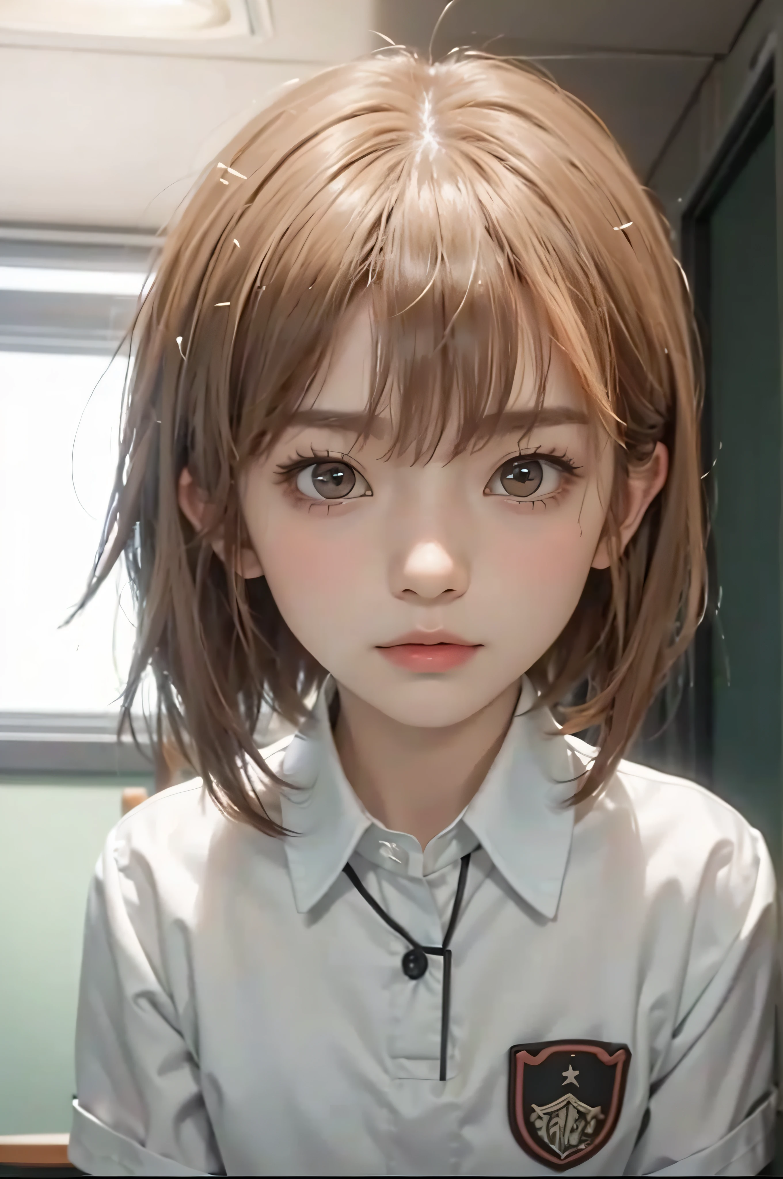 masterpiece, best quality, misaka_mikoto, brown eyes, looking at viewer, solo, short_hair, closed_mouth, collared_shirt, looking_at_viewer, school_uniform, shirt, white_shirt, small_breast, classroom