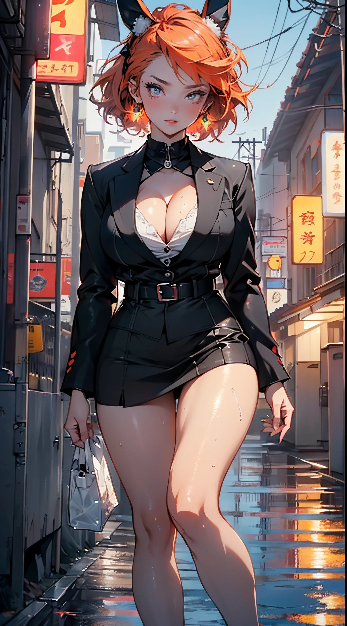 cute bunny girl,(((1girl))),((bunny girl with extremely cute and beautiful orange hair)),(((bunny girl,anthro furry cute,bunny-girl,bunny ears,bunny ears on head,big bunny ears))),

(large breasts:1.4),saggy breasts,(((red orange hair:1.35,colored inner hair,ear breathing,large hair))),((heterochromia:1.5, (red_eye and orange_eye))),intricate eyes,beautiful detailed eyes,symmetrical eyes,big eyes:1.3,((fat)),(((lustrous skin:1.5,bright skin: 1.5,skin tanned,shiny skin,very shiny skin,shiny body,plastic glitter skin,exaggerated shiny skin,illuminated skin,wet legs))),(spider lower abdomen,narrow waist,wide hip,athletic body,inflated legs, thick thighs,detailed body,(detailed face)),

cute,slutty,seductive,erotic,(((nsfw))),

(((wearing dark red formal blazer,short skirt,))),(((huge cleavage))),((wet clothes,intricate outfit,intricate clothes)),

(dynamic pose:1.0),solo focus,embarrassed,(centered,scale to fit dimensions,Rule of thirds),

cyberpunk city by the ocean at night, with bright neon signs and dark stormy clouds and puddles, scenery:1.25,nighttime, starry night, cosmos,Very dark night that makes the neon lights stand out, very bright neon lights,nighttime, starry night, cosmos,

artistic photography,(photography taken by sldr),highres, sharp focus,(ultra detailed, extremely detailed), (photorealistic artwork:1.37),(extremely detailed CG unity 8k wallpaper),((synthwave background theme)),(((vibrant colors))),intricate,(intricate background),(masterpiece),(best quality),perfect rendered face,perfect face details,realistic face,photo realistic,analog style,((intricate detail)),(((realism))),