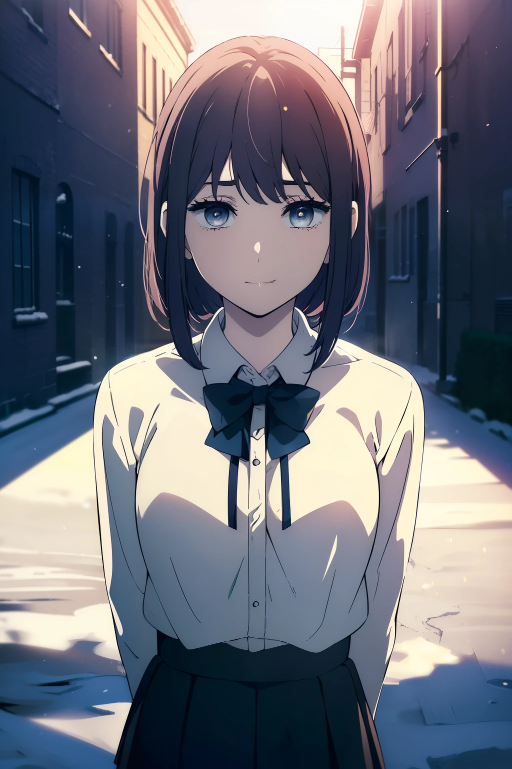 (Obra maestra, La mejor calidad, ultrahigh resolution), 1girl, standing, school uniform, white office shirt, black pleated skirt, ((light brown, light brown hair:0.7), long hair cut, pale skin, ((blue eyes)), glowing_eyes, neon eyes, (ultra detailed eyes, beautiful and detailed face, detailed eyes), ((centered)), smile, ((wide shot)), facing viewer, eye level, (blurry background, bright snowy background, winter), flat chested, looking at viewer, ((half closed eyes)), ((perfect hands)), (((head, arms, hips, elbows, in view))), ((hands behind back)), empty eyes, beautiful lighting, outside, outdoors, background, defined subject, 25 years old,