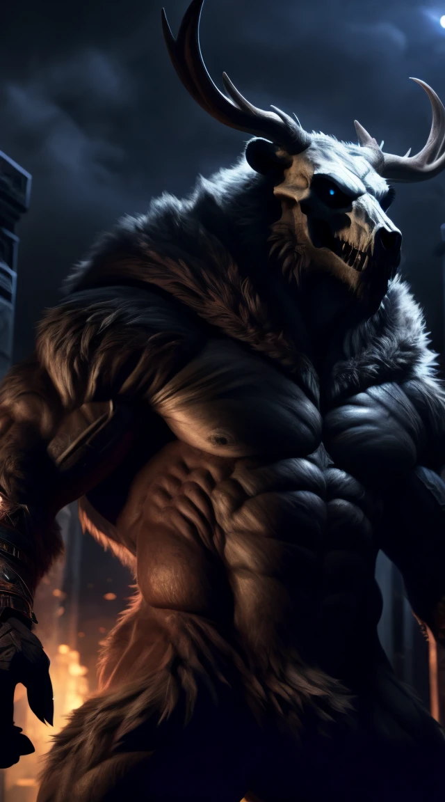 buff monster, muscular, abs, scales on body, majestic fur mantle, wendigo skull, elk horns, muscular, giant, bear body, threatening, stands menacingly, wide body, muscular body, illustration, (best quality, 4k, highres, masterpiece:1.2), ultra-detailed, realistic, horror, sharp focus, vivid colors, nighttime lighting,