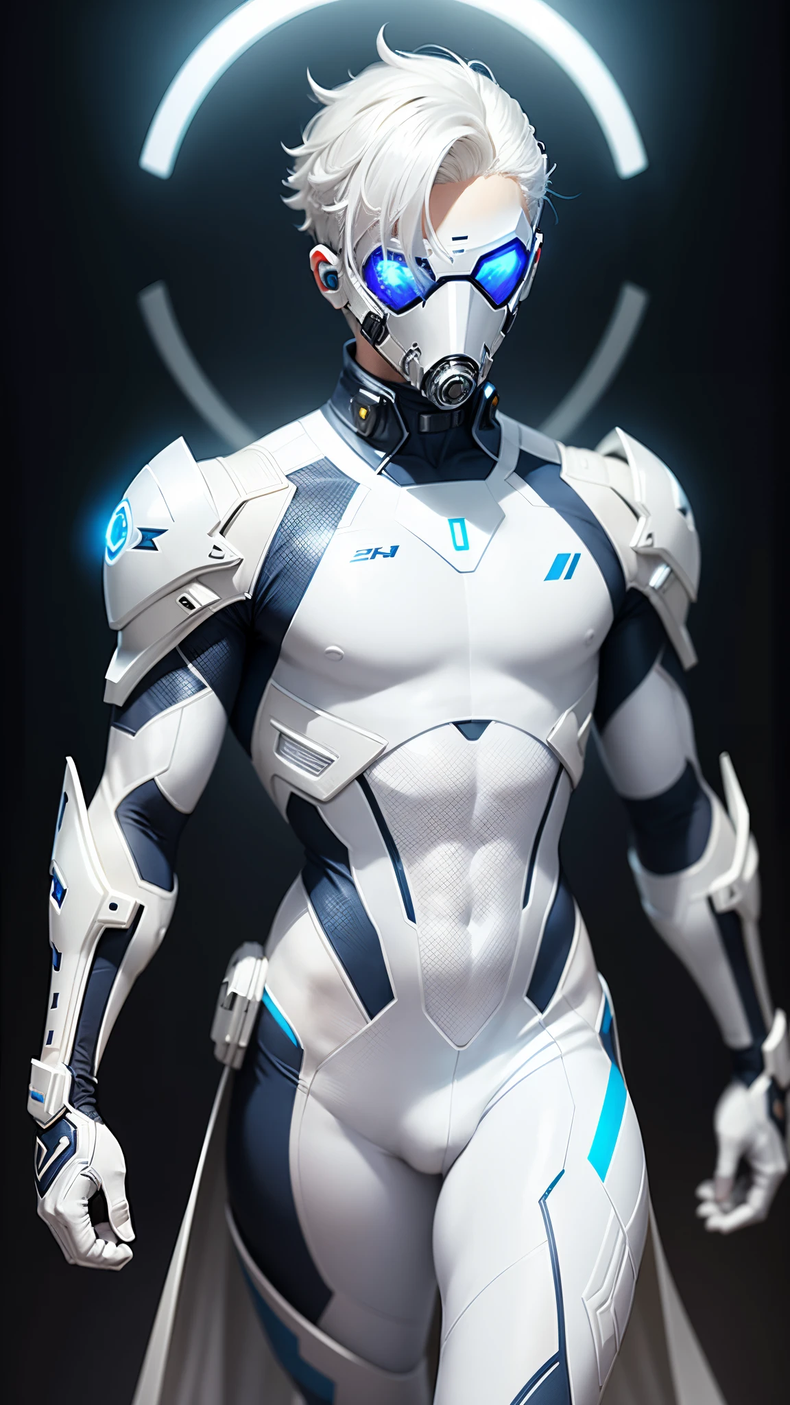 body suit, white and blue suit, futuristic suit, white gauntlets, white gloves, white hands, skin tight bodysuit, toned male, teenager, young male, futuristic gas mask and vizor, bodysuit, futuristic, sci fi, hands seen, hair visible, solo male, full body seen, white hair