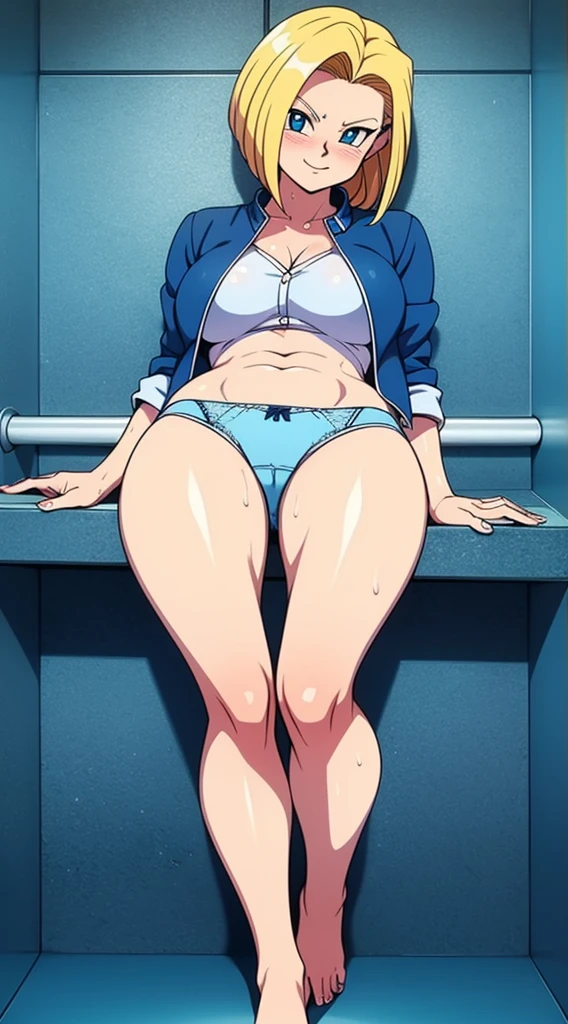 full body, barefoot, standing, Hyper detailed image, UHD, 16k, professional photo, (Realistic photo of Android-18 From Dragon Ball Z) girl Goddess of beauty, very straight short blonde hair, serious face expression, ((she wears a blue denim jacket and a cropped white shirt, short white underground showing flesh of the breast)), panties, blonde( panties showing ) smile, closed mouth and happy, looking at viewer, blush with sweat on her body, her wet body, leg spread sweet white wet