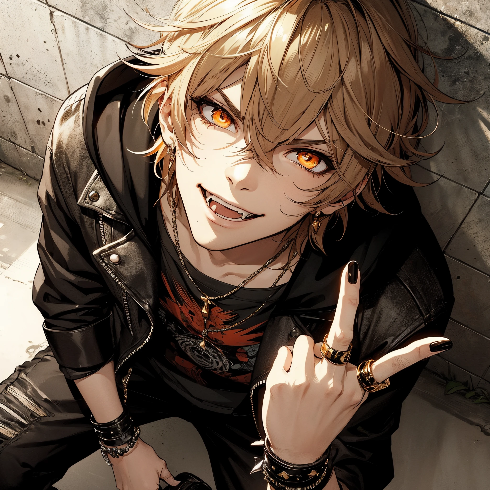 Beautiful young man, Gold Hair, Short hair, Long Cut Eye, Orange Eyes, Evil smile, black rock costume, piece sign, Stick out your tongue, Beautiful, Handsome, Cool, Handsome, concrete wall on background, Overhead view, Crouching, Smirk, High quality, amount of drawing, pixiv illustration