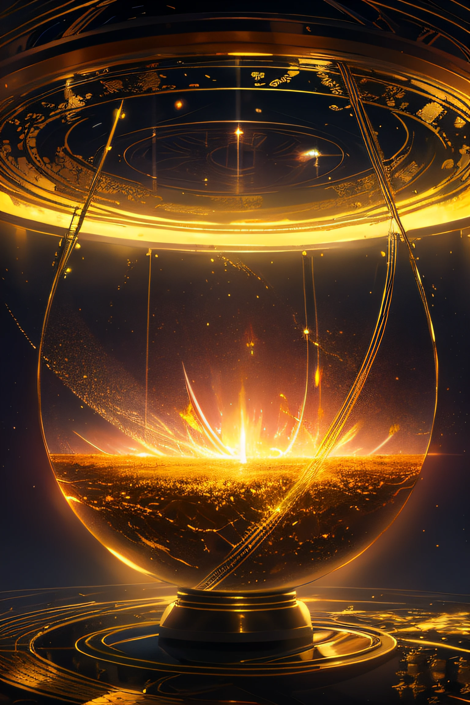 Sci-fi , A round vast room of gold and glass , Natural elements , magic floating through the air , colorful elements , high details , realistic