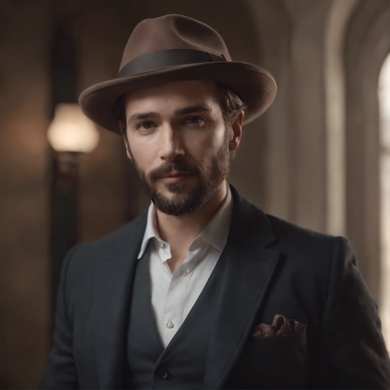 there a robust man with a medium beard and a fedora hat on, a digital rendering inspired by Edmond Aman-Jean, reddit, conceptual art, elegant and classic style,