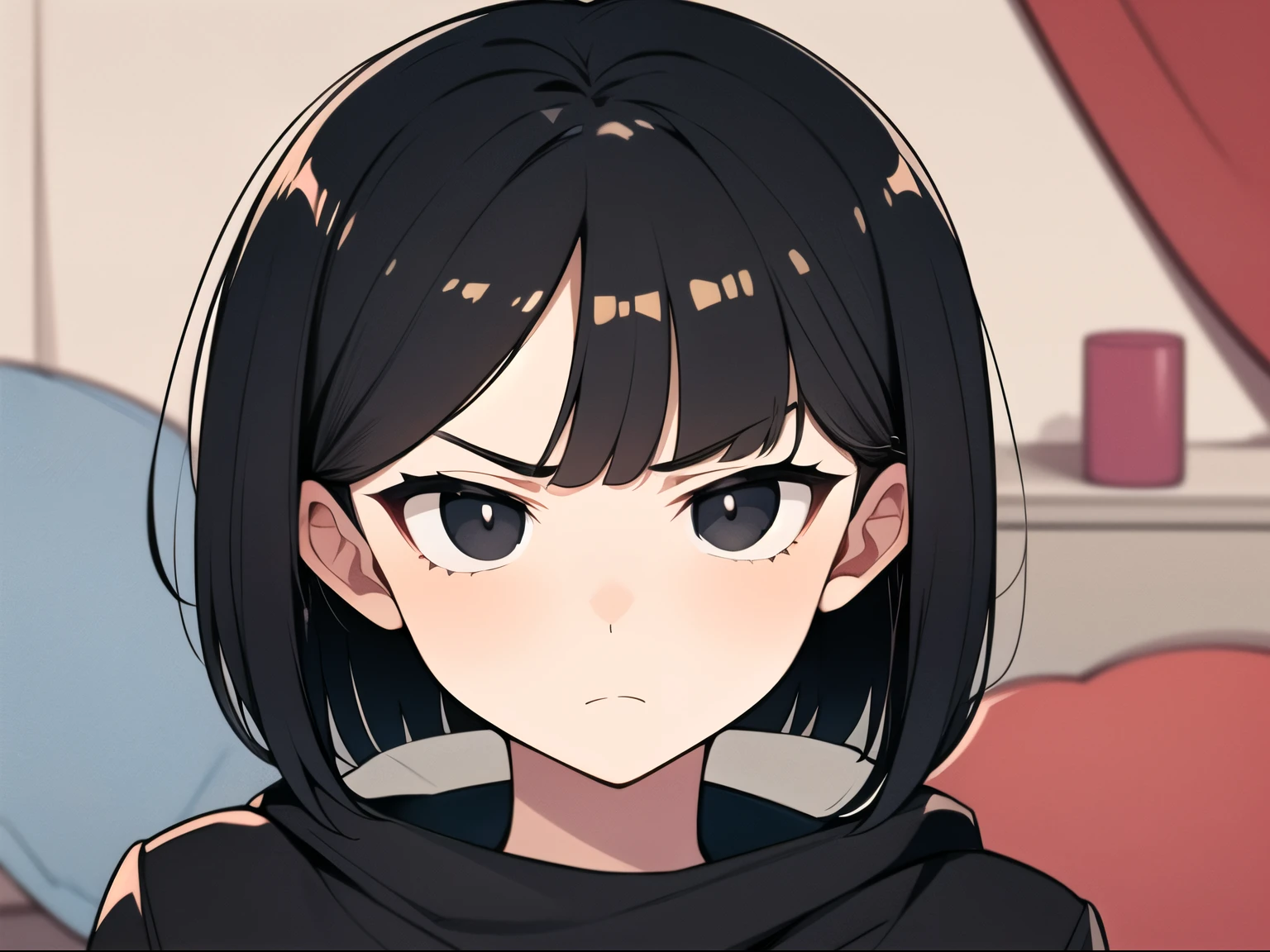 short bob, black hair, black eyes, slant eyes, round face, high teen, bad mood