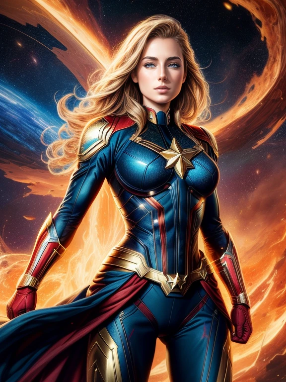 (Best Quality), (masterpiece), (ultra-detailer), (16K resolution), (Extremely detailed), Abstract expressionist painting "Hyperion", Captain Marvel (gigantic breasts), tarot card, Digital Painting, character concept art portrait, catastrophe,